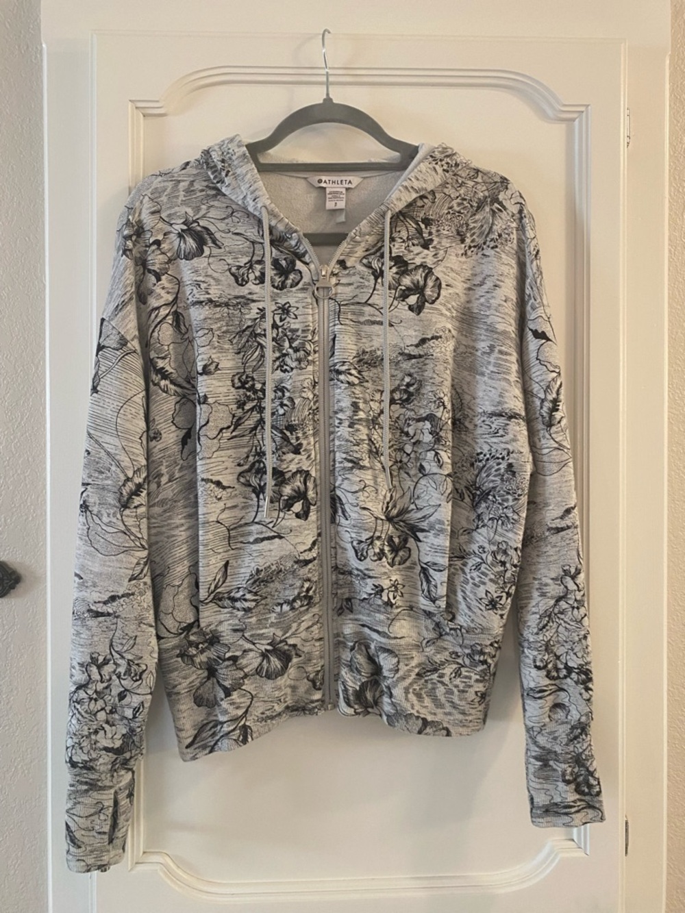 Athleta Light Grey Floral Zip Hoodie with Black Print
